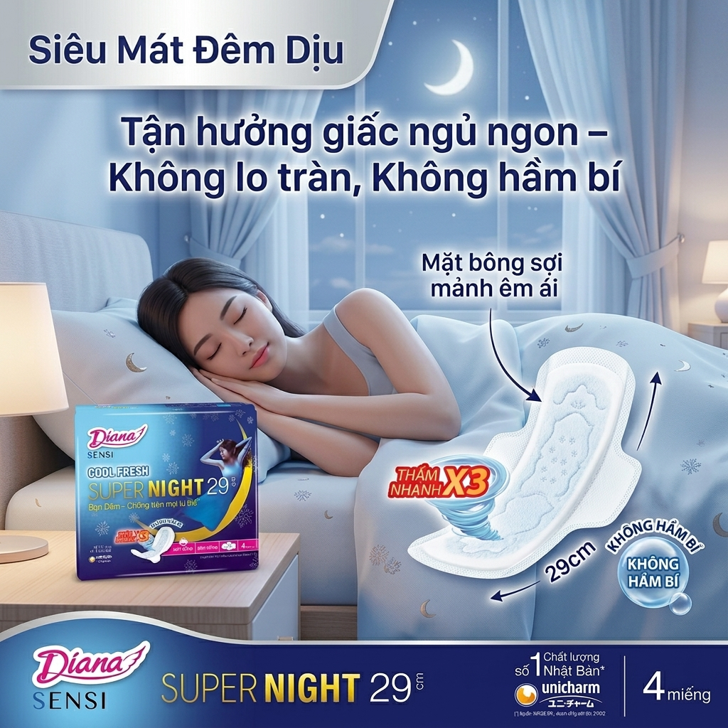 BĂNG VỆ SINH DIANA SENSI COOL FRESH SUPER NIGHT 29CM (GÓI 4 MIẾNG)