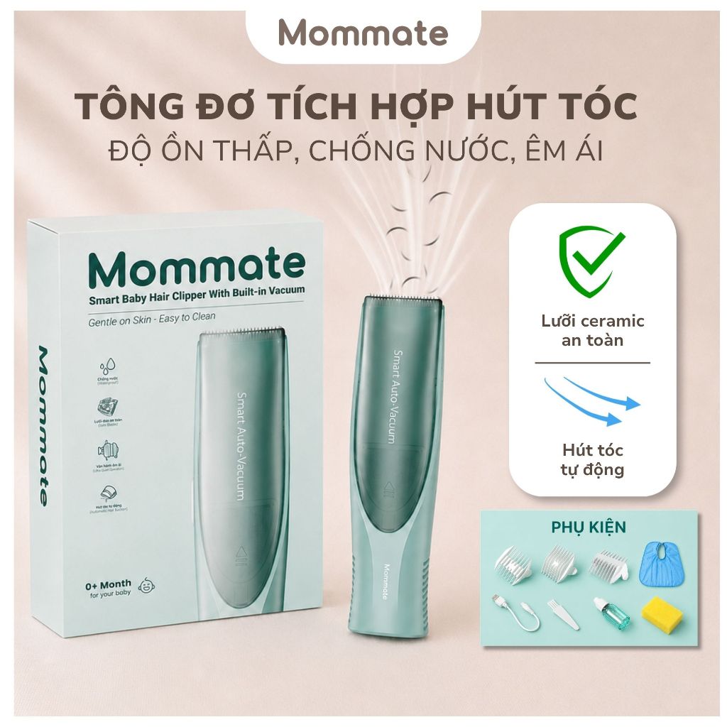 Tông Đơ Cắt Tóc Cho Bé Mommate Tích Hợp Hút Tóc Tự Động - Êm Ái, Không Vương Tóc
