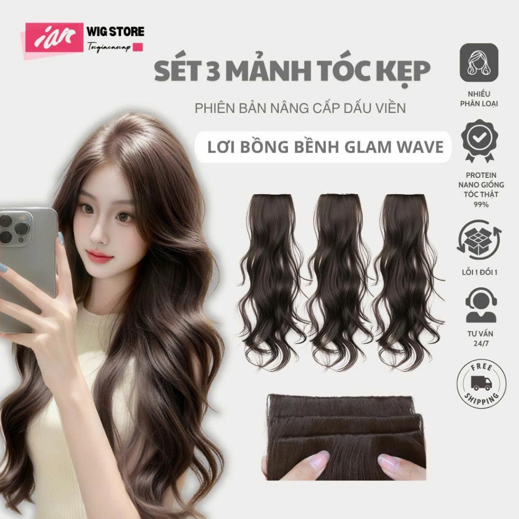 Kẹp Tóc Giả 3 Mảnh Glam Wave IAN – Tóc Kẹp Layer Uốn Lơi Bồng Bềnh Tự Nhiên