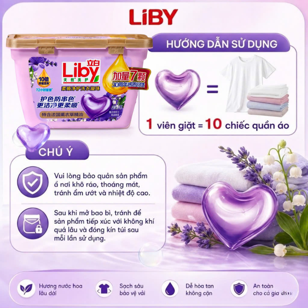 Viên giặt xả Liby 3 trong 1 siêu sạch lưu hương lâu, Hộp viên giặt quần áo làm mềm vải chống cặn (Hộp 47 viên))