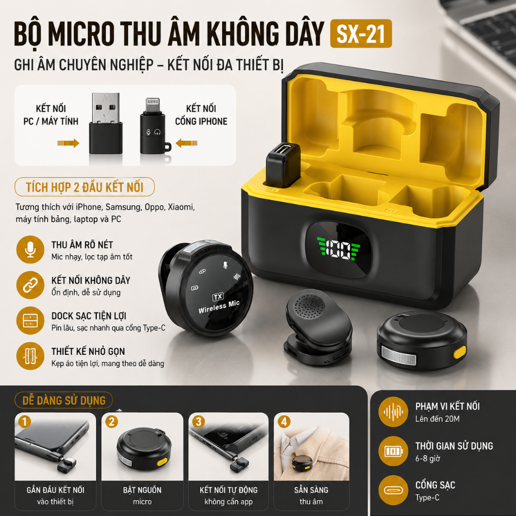 Mic Thu Âm Cài Áo Đỉnh Cao SX21, Mic Thu Âm Không Dây - Khử Tạp Âm Cao Cấp - Dùng Cho Mọi Dòng máy