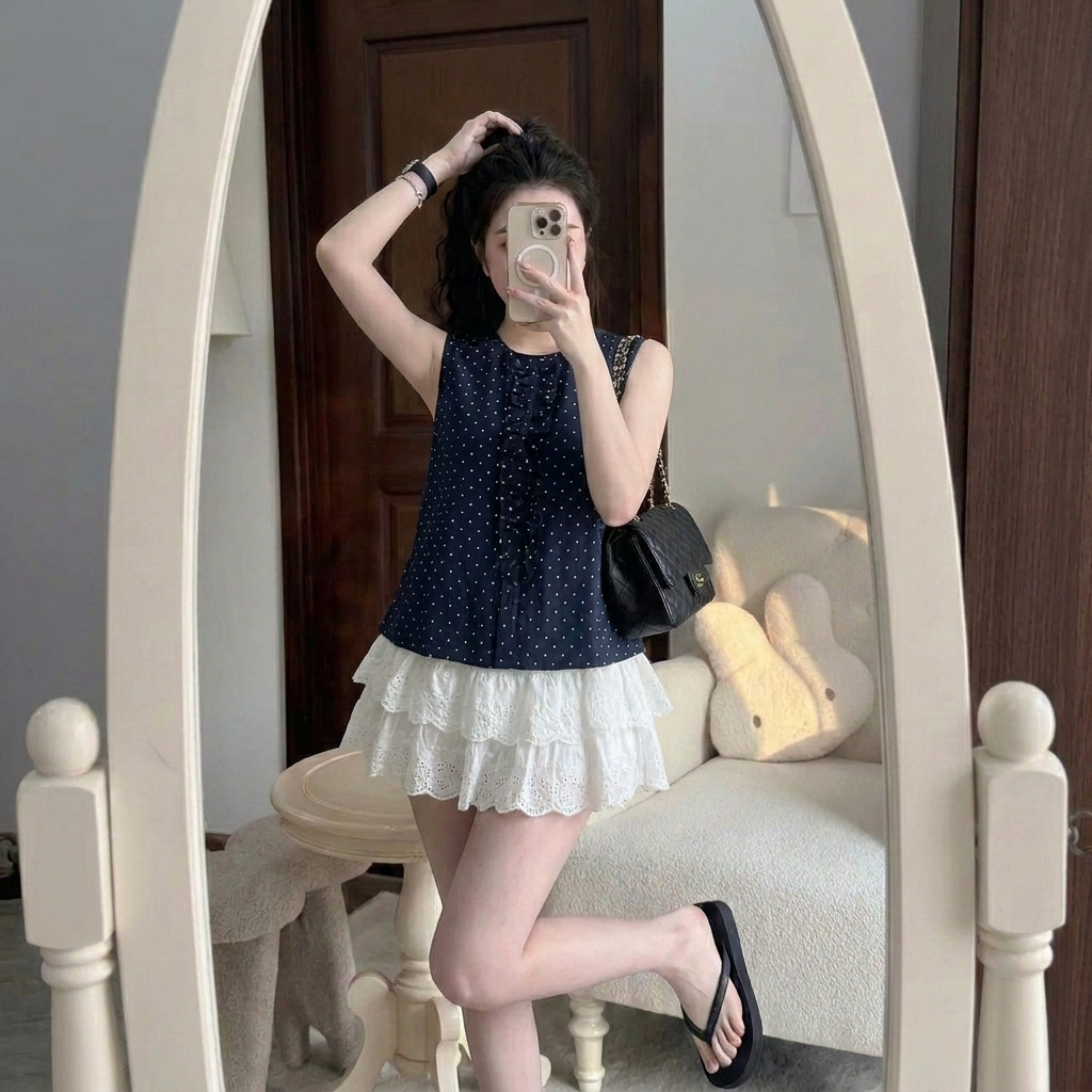 Set bộ váy ngắn nữ áo sát nách chấm bi rút eo peplum mix chân váy bèo tầng ren phong cách Hàn Quốc HCOM26213