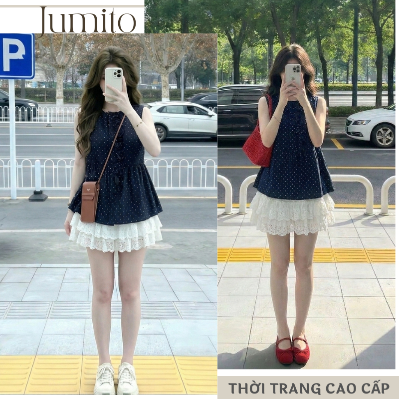 Set bộ váy ngắn nữ áo sát nách chấm bi rút eo peplum mix chân váy bèo tầng ren phong cách Hàn Quốc HCOM26213