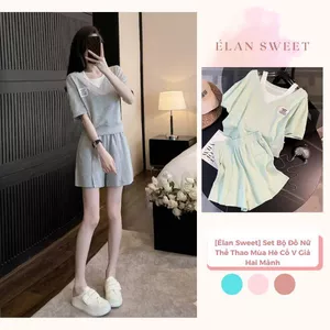 Set Bộ Đồ Nữ Thể Thao Mùa Hè Cổ V Giả Hai Mảnh Năng Động Đi Chơi Ở Nhà