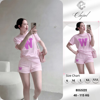Bộ Áo Phông Nữ Chepol Form Rộng, In Chữ W, Cổ Tròn, Phối Quần Đùi, Chất Cotton ( Áo Thun Hồng + Quần Đùi Hồng )-CP_21514