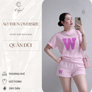 Bộ Áo Phông Nữ Chepol Form Rộng, In Chữ W, Cổ Tròn, Phối Quần Đùi, Chất Cotton ( Áo Thun Hồng + Quần Đùi Hồng )-CP_21514