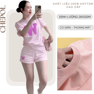 Bộ Áo Phông Nữ Chepol Form Rộng, In Chữ W, Cổ Tròn, Phối Quần Đùi, Chất Cotton ( Áo Thun Hồng + Quần Đùi Hồng )-CP_21514