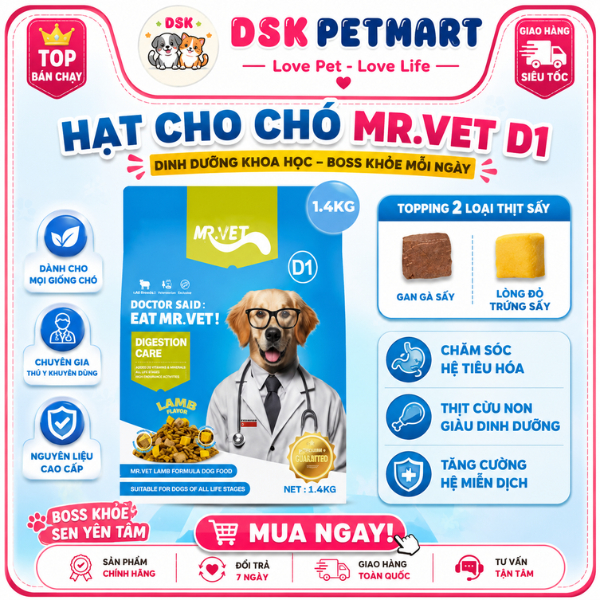 [Chính Hãng] Thức Ăn Hạt Hoàn Chỉnh MR.VET Cho Chó 1.4KG - Dòng D1 Vị Cừu Dầu Cá Hồi Mượt Lông - Kén Ăn