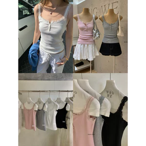WGWE | Áo thun cotton hai dây ren phong cách Pháp, mặc trong hoặc mặc ngoài – W9647#