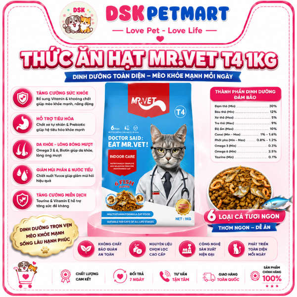 [Chính Hãng] Thức Ăn Hạt Cho Mèo MR.VET 1KG - Dòng T4 Kèm Cá Nguyên Con Giảm Hôi Phân , Mèo ít Vận Động