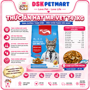 Thức Ăn Hạt Cho Mèo MR.VET 1KG - Dòng T4 Kèm Cá Nguyên Con Giảm Hôi Phân , Mèo ít Vận Động