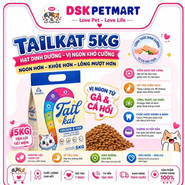 [Tặng 5 Lon Pate 400G] Thức Ăn Hạt Tail Kat Cho Mèo Mọi Lứa Tuổi Vị Gà & Cá Hồi - Bao 5kg Tặng 5 Lon