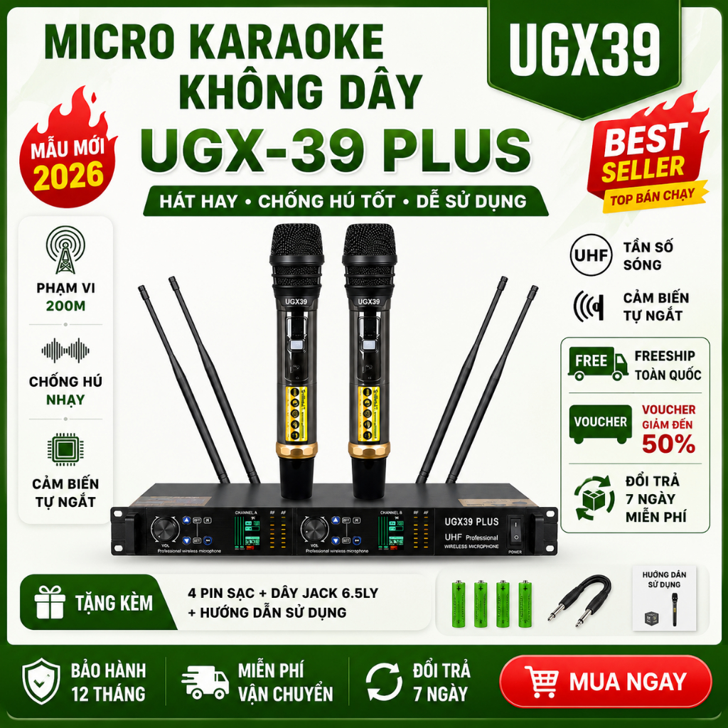 Micro Không Dây  UGX39 PLUS 2024, Chống Hú Rít Tuyệt Đối, Sóng Xa 300m, Lọc Âm, Hát Bay