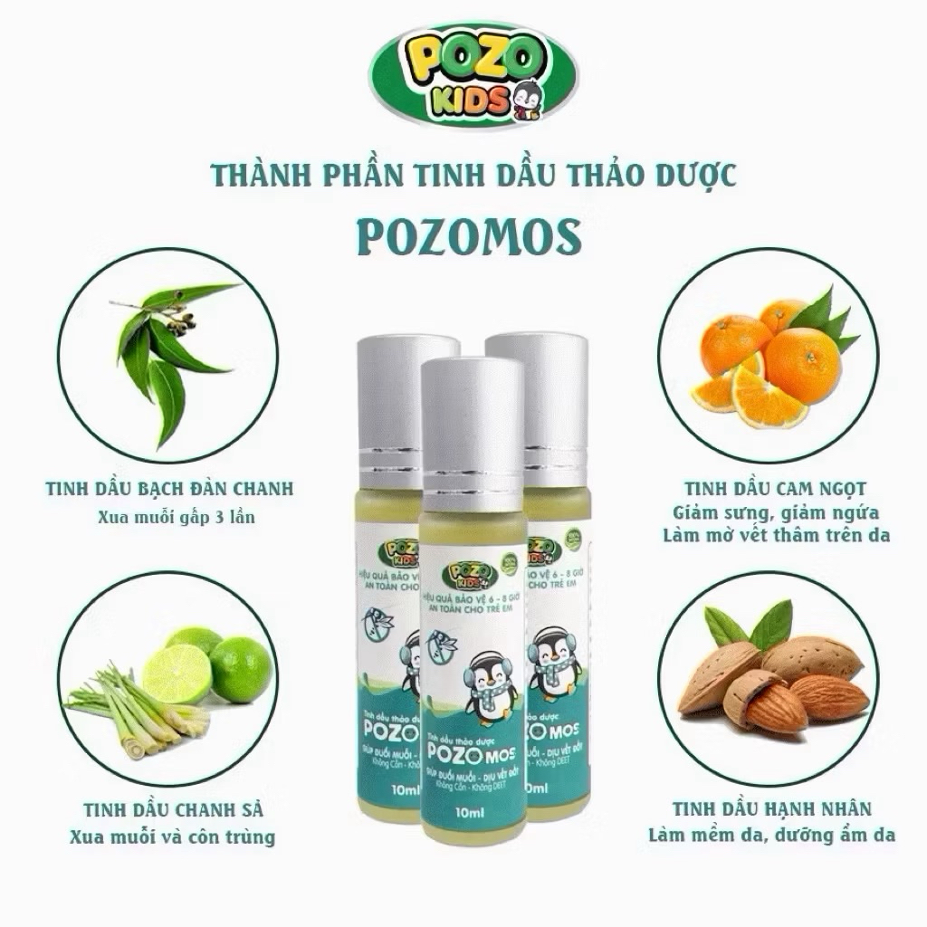 Thanh Lăn Thảo Dược Xua Muỗi PozoMos-Pozokids Hỗ Trợ Xua Đuổi Muỗi cho bé yêu, Dưỡng Ẩm Da lọ 10ml