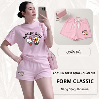 Bộ Áo Phông Nữ Chepol Form Rộng, In kitty, Cổ Tròn, Phối Quần Đùi, Chất Cotton ( Áo Thun Hồng + Quần Đùi Hồng )-CP_21937