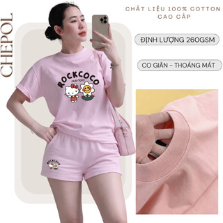 Bộ Áo Phông Nữ Chepol Form Rộng, In kitty, Cổ Tròn, Phối Quần Đùi, Chất Cotton ( Áo Thun Hồng + Quần Đùi Hồng )-CP_21937