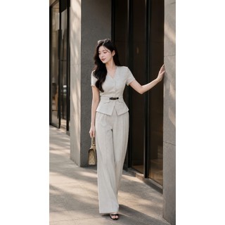 VT250933 – SET ÁO CỔ V TAY NGẮN CHIẾT EO KÈM QUẦN ỐNG RỘNG