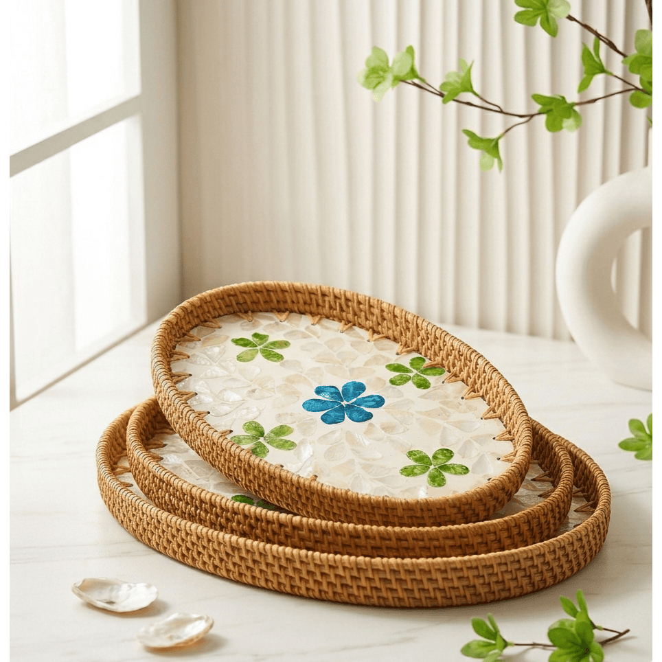 Khay Mây Tre Đan Họa Tiết Hoa, Đựng Hoa Quả Bánh Kẹo