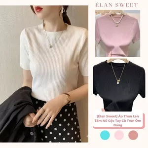 Áo Len Tăm Cộc Tay Nữ Ôm Body Élan Sweet, Áo Len Mỏng Cổ Tròn Co Giãn Bốn Chiều Mặc Hè, Thu Cao Cấp