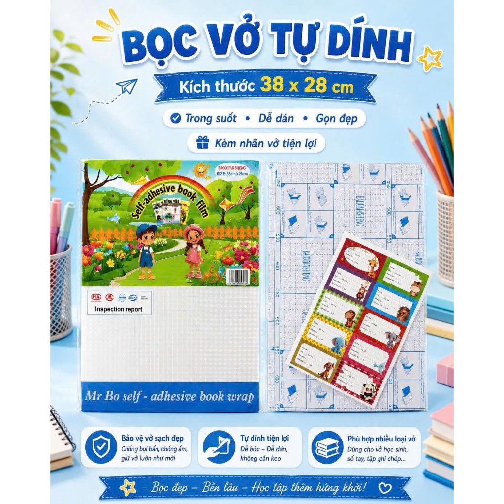 Bọc sách Decal #1 cao cấp đầy đủ 3 kích thước dùng cho học sinh từ lớp 1-12 (Dùng 30 decal/ 1 lớp)