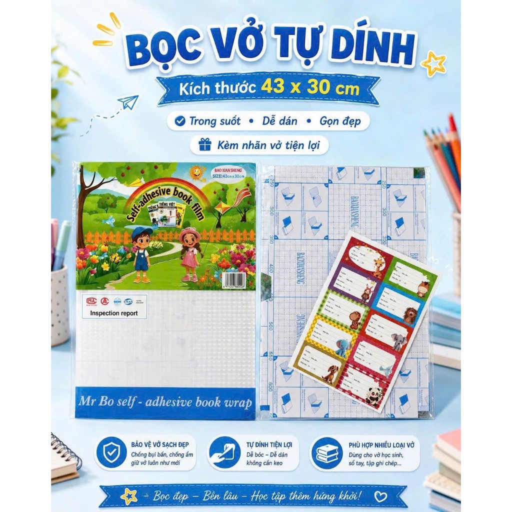 Decal Bọc Sách #2 Vở lớp 1-12 (Kèm Nhãn) chỉ cần bóc dán (30 Decal/ 1 lớp) chống nước – tiện lợi dễ làm