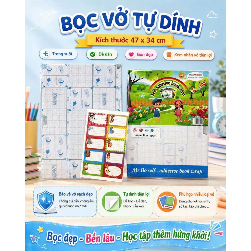 Bọc sách Decal #1 cao cấp đầy đủ 3 kích thước dùng cho học sinh từ lớp 1-12 (Dùng 30 decal/ 1 lớp)