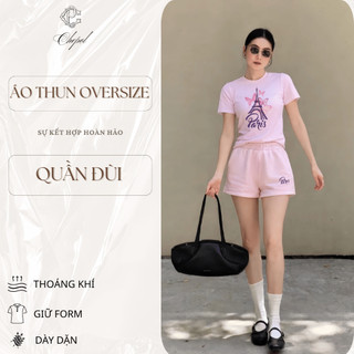 Bộ Áo Phông Nữ Chepol Form Rộng, In Chữ Paris, Cổ Tròn, Phối Quần Đùi, Chất Cotton (Áo Thun Hồng +Quần Đùi Hồng)CP_22103