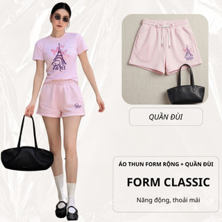 Bộ Áo Phông Nữ Chepol Form Rộng, In Chữ Paris, Cổ Tròn, Phối Quần Đùi, Chất Cotton (Áo Thun Hồng +Quần Đùi Hồng)CP_22103