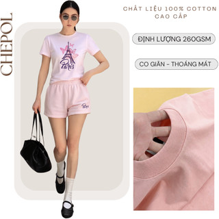 Bộ Áo Phông Nữ Chepol Form Rộng, In Chữ Paris, Cổ Tròn, Phối Quần Đùi, Chất Cotton (Áo Thun Hồng +Quần Đùi Hồng)CP_22103