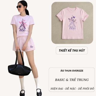 Bộ Áo Phông Nữ Chepol Form Rộng, In Chữ Paris, Cổ Tròn, Phối Quần Đùi, Chất Cotton (Áo Thun Hồng +Quần Đùi Hồng)CP_22103