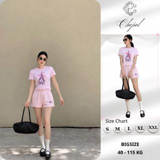 Bộ Áo Phông Nữ Chepol Form Rộng, In Chữ Paris, Cổ Tròn, Phối Quần Đùi, Chất Cotton (Áo Thun Hồng +Quần Đùi Hồng)CP_22103