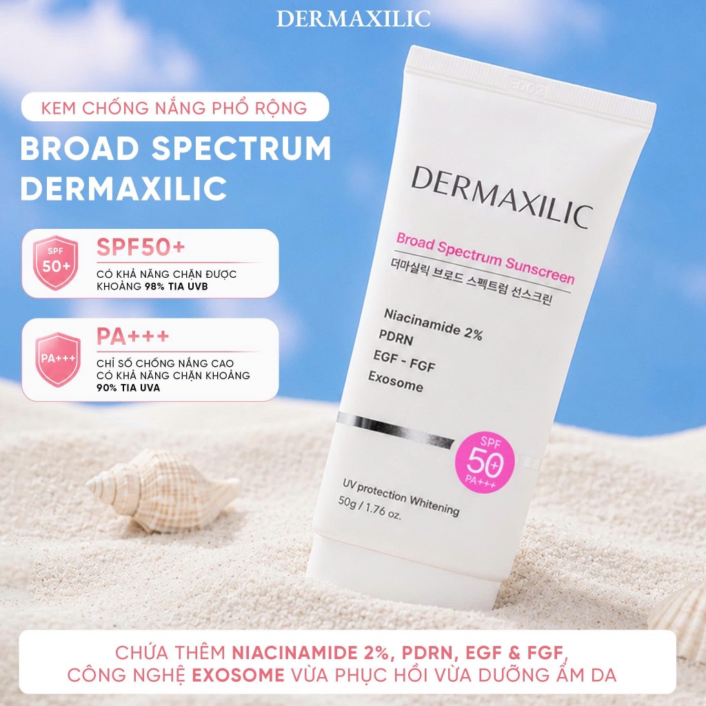 Kem Chống Nắng Dermaxilic Broad Spectrum Sunscreen SPF50+/PA++ Công Thức Vật Lý Hóa Học Dưỡng Trắng Da 50ml-ThyLee