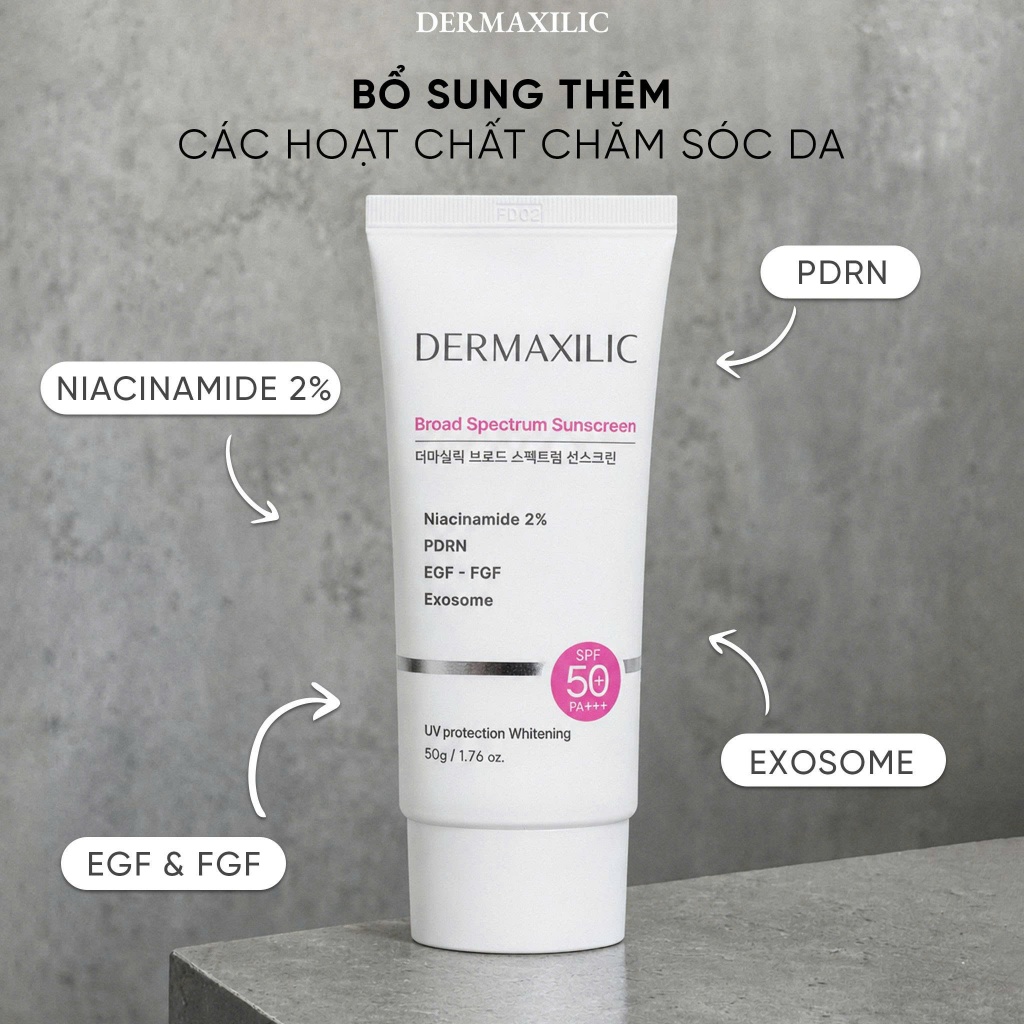 Kem Chống Nắng Dermaxilic Broad Spectrum Sunscreen SPF50+/PA++ Công Thức Vật Lý Hóa Học Dưỡng Trắng Da 50ml-ThyLee