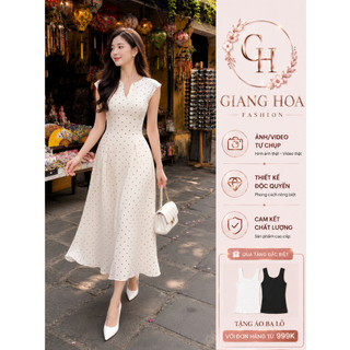 VT250231 – Đầm Trắng Chấm Bi Cổ Xẻ Cách Điệu, Váy Xòe Dài Thanh Lịch, Chất Vải Mềm Mịn Thoáng Mát