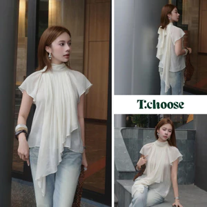 Áo voan cổ cao mỏng tay hến buộc dây lưng 13473 TCHOOSE