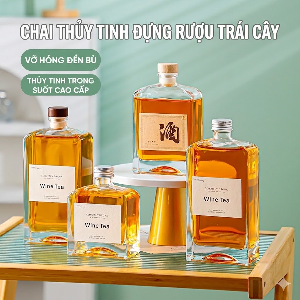 Vỏ Chai Thủy Tinh Đựng Rượu - Dáng Vuông Dẹt Cao Cấp - Bình Ngâm Rượu Nắp Bần - Dung Tích 250/500ml