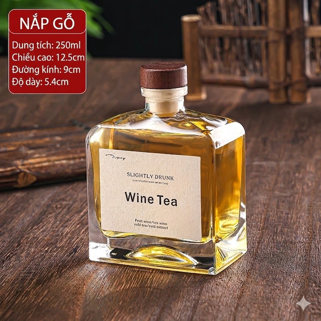 Vỏ Chai Thủy Tinh Đựng Rượu - Dáng Vuông Dẹt Cao Cấp - Bình Ngâm Rượu Nắp Bần - Dung Tích 250/500ml