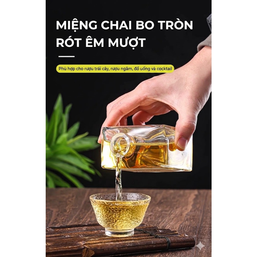 Vỏ Chai Thủy Tinh Đựng Rượu - Dáng Vuông Dẹt Cao Cấp - Bình Ngâm Rượu Nắp Bần - Dung Tích 250/500ml