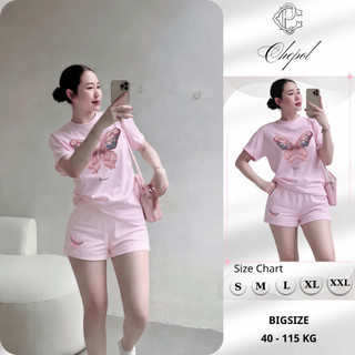 Bộ Áo Phông Nữ Chepol Form Rộng, In Bướm, Cổ Tròn, Phối Quần Đùi, Chất Cotton ( Áo Thun Hồng + Quần Đùi Hồng )-CP_21933