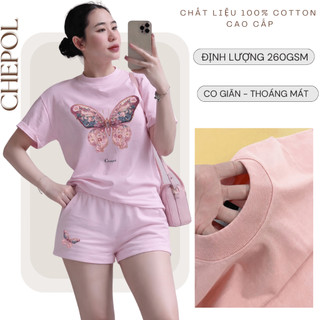 Bộ Áo Phông Nữ Chepol Form Rộng, In Bướm, Cổ Tròn, Phối Quần Đùi, Chất Cotton ( Áo Thun Hồng + Quần Đùi Hồng )-CP_21933