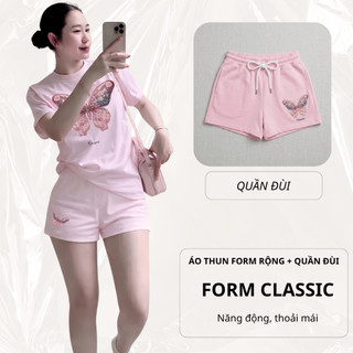 Bộ Áo Phông Nữ Chepol Form Rộng, In Bướm, Cổ Tròn, Phối Quần Đùi, Chất Cotton ( Áo Thun Hồng + Quần Đùi Hồng )-CP_21933