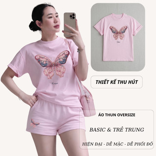 Bộ Áo Phông Nữ Chepol Form Rộng, In Bướm, Cổ Tròn, Phối Quần Đùi, Chất Cotton ( Áo Thun Hồng + Quần Đùi Hồng )-CP_21933