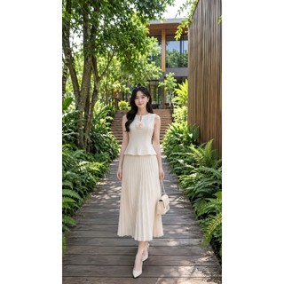 VT250632 – Đầm Dáng Dài Không Tay Cao Cấp, Váy Midi Xếp Ly Thanh Lịch, Thời Trang Công Sở