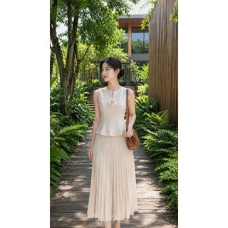 VT250632 – Đầm Dáng Dài Không Tay Cao Cấp, Váy Midi Xếp Ly Thanh Lịch, Thời Trang Công Sở