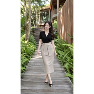 VT250609 – Set Bộ Áo Thun Ôm Tay Ngắn Mix Chân Váy Bút Chì Lưng Nơ Thanh Lịch