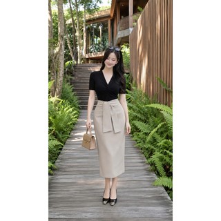 VT250609 – Set Bộ Áo Thun Ôm Tay Ngắn Mix Chân Váy Bút Chì Lưng Nơ Thanh Lịch