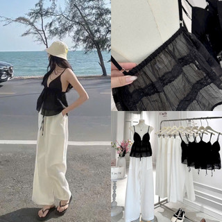 SEP House - Set áo tơ 2 dây cổ V cột nơ tầng xẻ tà hở lưng phối quần suông dài đi biển thanh lịch, tôn dáng - Ảnh thật