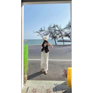SEP House - Set áo tơ 2 dây cổ V cột nơ tầng xẻ tà hở lưng phối quần suông dài đi biển thanh lịch, tôn dáng - Ảnh thật
