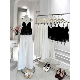 SEP House - Set áo tơ 2 dây cổ V cột nơ tầng xẻ tà hở lưng phối quần suông dài đi biển thanh lịch, tôn dáng - Ảnh thật