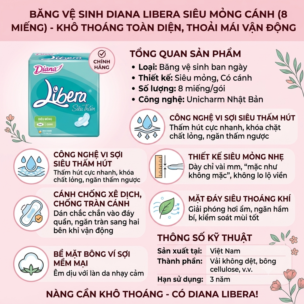 BĂNG VỆ SINH DIANA LIBERA SIÊU MỎNG CÁNH (8 MIẾNG)